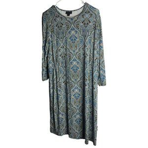 J. Jill Wearever Shift Dress Women’s M 3/4" sleeve Black Green Blue Print
